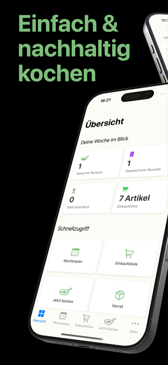 Bildschirmfoto: die Übersicht in ZeroCrumbs mit der Woche auf einen Blick – gekochte und gespeicherte Rezepte, bald ablaufende Vorräte, Artikel auf der Einkaufsliste – darunter der Schnellzugriff.