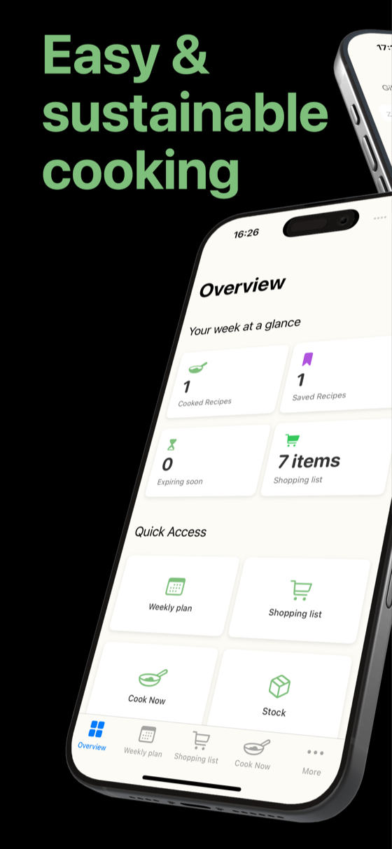 Screenshot: the ZeroCrumbs overview screen showing the week at a glance – cooked and saved recipes, items expiring soon, and the shopping list – above the quick access tiles.